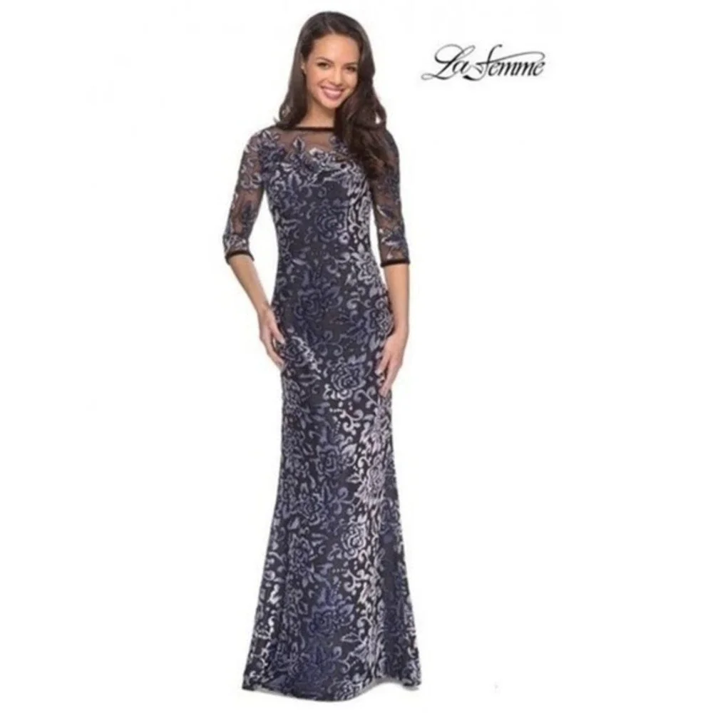 La Femme Burnout Floral Velvet Column Gown Gunmetal Size 4 NWT Mother‎ of Bride